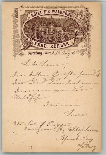 Ilsenburg 1892 Hotel Zur Waldhöhe Ferd. Köhler
