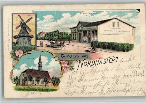 Nordhastedt 1907 Lithographie Windmühle Herrenbekleidungsgeschäft Heim Dorfkirche