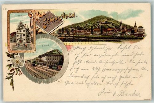 97737 W8780 Gemünden a. Main 1901 Lithographie Bahnhof Rathaus