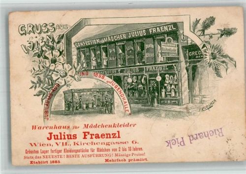 Wien 1898 Geschäft Warenhaus für Mädchenkleider Fraenzl