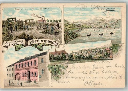 Niedermendig 1898 Lithographie Gasthaus zum deutschen Haus Brauerei- & Mühlstein-Industrie Klosterkirche