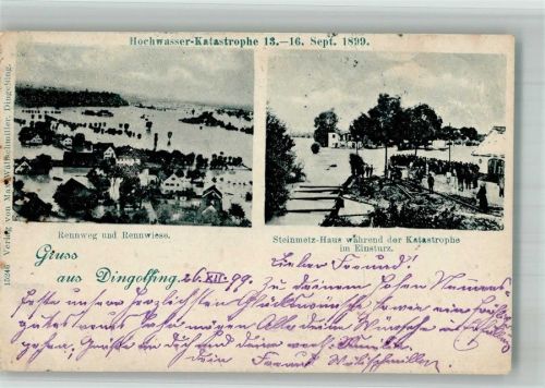 Dingolfing 1899 Hochwasser-Katastrophe 13.-16. Sept. 1899 Überschwemmter Rennweg u. Rennwiese Zerstörtes Steinmetz-Haus Foto AK