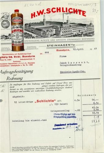 Steinhagen Rechnung von 1941 H.W. Schlichte Steinhäger-Brennerei
