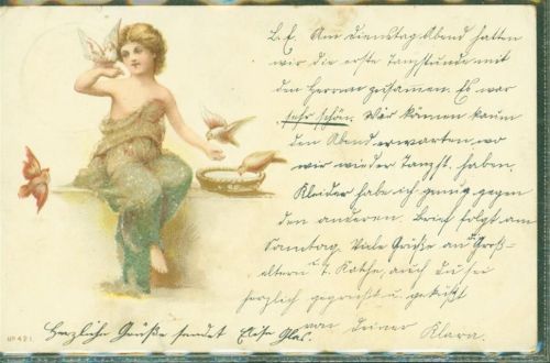 1900 Mädchen Tauben Auflage mit echten kleinen Perlen