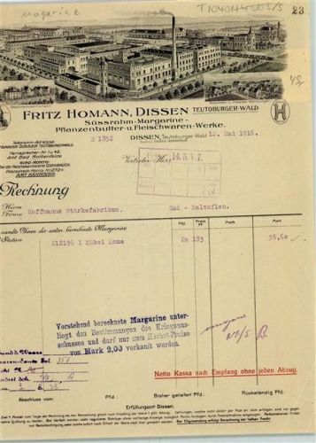 Dissen Rechnung von 1916 Fritz Homann Margarine Butter Fleischwaren