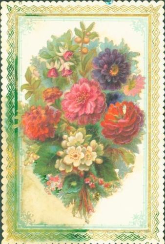 Ausgestanzte aufgeklebte Oblate Chrysanthemen Fuchsie Prägedruck Goldrand Schmuckrand KEINE AK