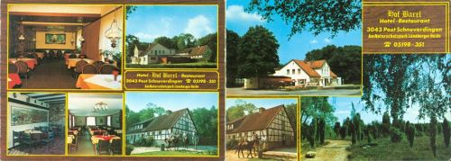Schneverdingen Hotel Hof Barrl Innen- und Aussenansicht Klappkarte Pferde