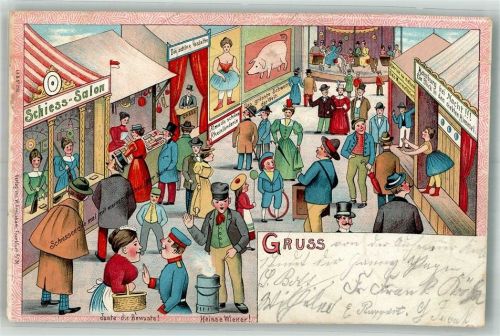 Schießbuden Karussell Jahrmarkt 1902 Lithographie