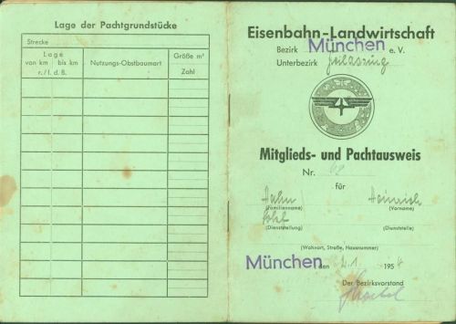 München Eisenbahn-Landwirtschaft Mitglieds- und Pachtausweis 16 Seiten