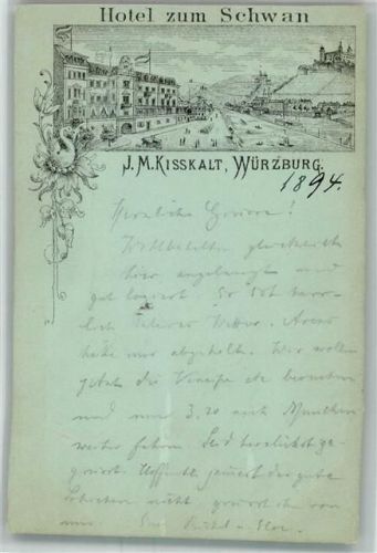 Würzburg 1894 Hotel Zum Schwan J. M. Kisskalt