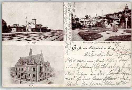 Schönebeck 1898 Bahnhof Rathaus Gradirwerk Lindenbad