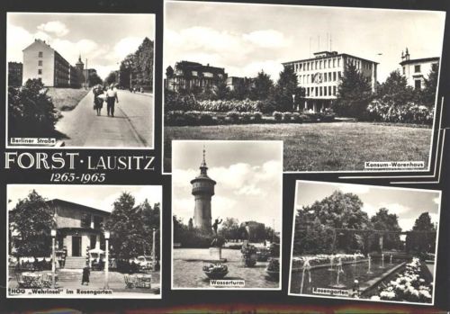 Forst 1969 Berliner Str. Konsum Warenhaus HOG Wehrinsel Wasserturm, KEINE AK, ca. 21x14,5 cm; Eckknick