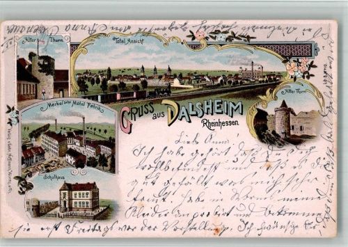 Flörsheim-Dalsheim 1902 Lithographie Möbel Fabrik Merkel Alter Turm Schule