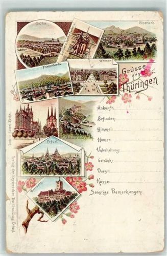 99510 O5321 Wartburg 1898 Gebrauchsspuren Gotha Eisenach Schiller u. Goethedenkmal Friedrichroda Dom u. Severi Kirche Schwarzburg Erfurt Lithographie