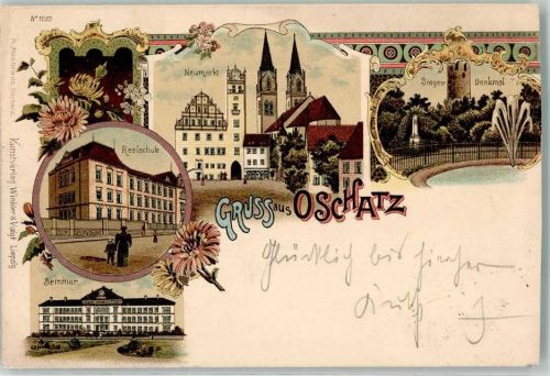 Oschatz 1898 Realschule Neumarkt Sieges-Denkmal Seminar Lithographie