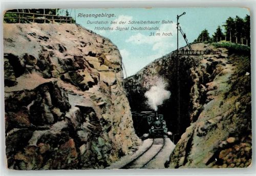 Riesengebirge Durchstich bei der Schreiberhauer Bahn Hchstes Signal Deutschlands Lok Dampf Eisenbahn