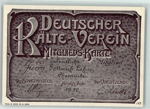 Chemnitz 1910 Mitglieds Karte Deutscher Kälte Verein
