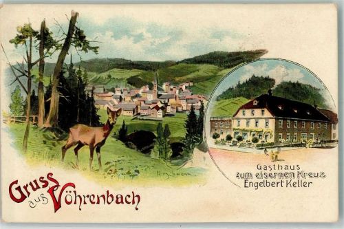 Vöhrenbach sign. Hirschmann Gasthaus zum eisernen Kreuz und ein Reh über dem Ort