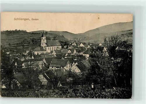Schliengen 1917 mit Kirche St. Leodegar Fotograf F. Dreier Bahnpost Frankfurt-Karlsruhe-Basel Zug 970