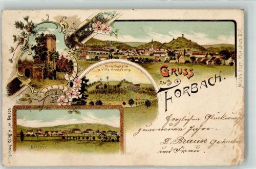 Forbach Schlossturm Kreuzkapelle und Villa Kaserne Lithographie
