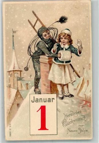 1906 Neujahr Auf dem Dach mit einem Mädchen , Muff Kinderpoesie Datum 1. Januar