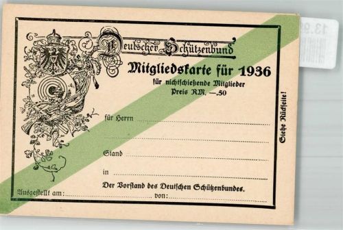 1936 Ephemera Schützenbund 1936 Mitgliedskarte für nichtschießende Miglieder
