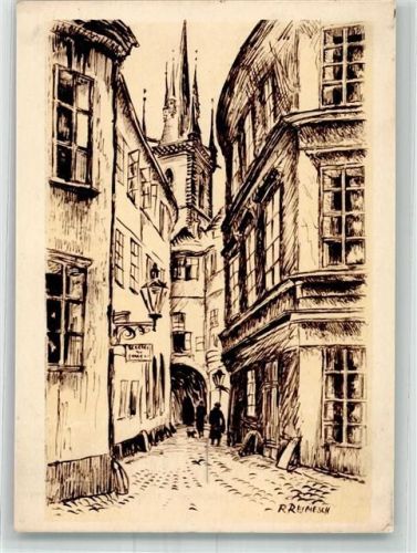 Prag sign. Reimesch Das Teyngässchen an der Teynkirche Künstlerkarte P1 R21 Nr. 7