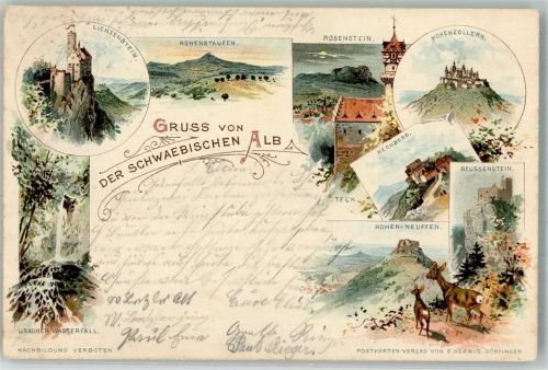 72379 W7457 Bisingen b Hechingen 1898 Lithographie Lichtenstein Uracher Wasserfall Rechberg Rosenstein