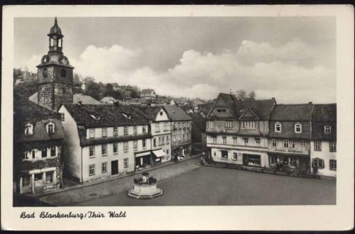 um 1954 Bad Blankenburg: Thür. Wald, Platz mit Brunnen und Kirche,Erhard Neubert