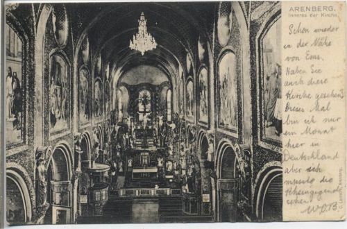 um 1910 Koblenz, Arenberg, Inneres der Kirche, Altar, Jesus am Kreuz, Kanzel,C. Lemaire AKU1