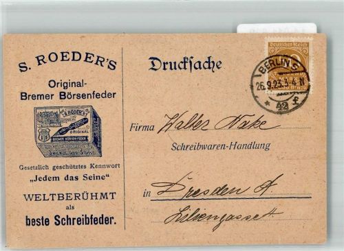 Berlin Mitte 1923 S. Roeders Schreibfeder Vertreter Besuchsanzeige