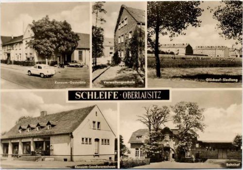 um 1971 Schleife: Oberlausitz, Bahnhof, Verwaltungsgebäude, Glückauf-Siedlung, Gaststätte,VEB