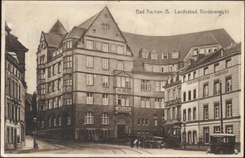 um 1936 Aachen, Landesbad Vorderansicht, alte Autos,Stengel & Co.
