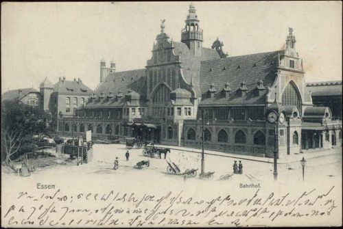 1905 Essen, Bahnhof, Pferdekutsche, Architektur, Kirchturm, Bahnhofsuhr,Cramers Kunstanstalt