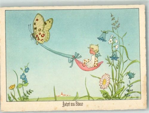 1940 sign. Hauff Kind lässt sich von Schmetterling durch die Lüfte tragen