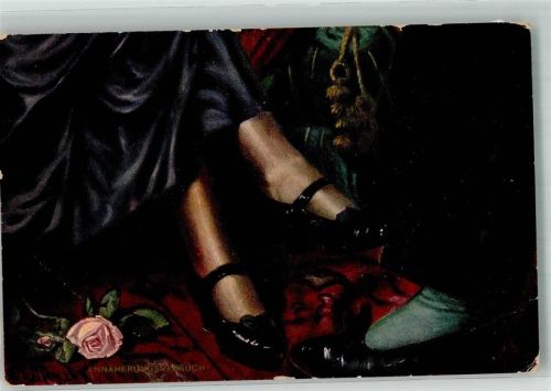 Frauenfuss auf Annäherung an einen Männerfuss Rose Künstlerkarte