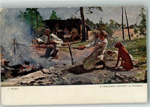 1908 sign. Falat Polnische Männer grillen nach erfolgreicher Jagd am offenen Feuer Fleisch