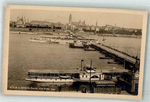 Köln Deutz 105 Panorama des Ortsteiles mit Pontonbrücke und Rheinschiffen Raddampfer