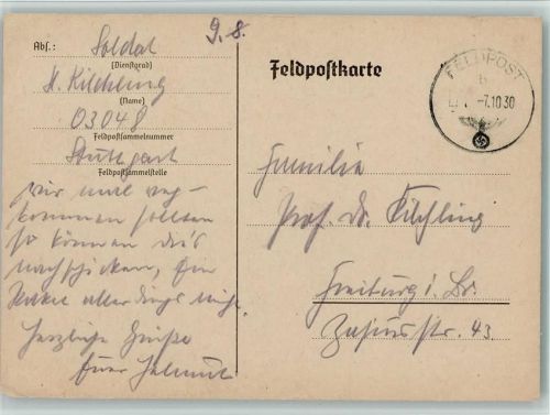Freiburg Feldpostkarte an Fam. eines Prof. Hakenkreuzstempel WK II