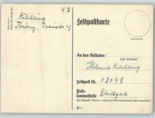 Freiburg Feldpostkarte Postsammelstelle Stuttgart Oktober 1939