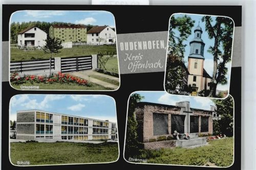 63110 W6054 Dudenhofen , Kr Offenbach am Main - Kirche Ehrenmal Schule Zaun Baum