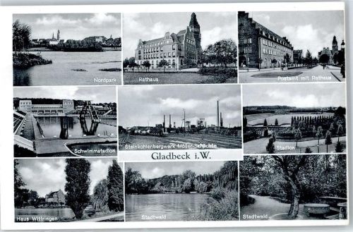 Gladbeck Nordpark, Schwimmstadion, Haus Wittringen, Rathaus, Steinkohlewerk, Stadtwald, Stadion, Postamt