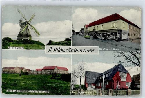 St. Michaelisdonn Haper-Mühle, Mittelschule, Kaufhaus Lützen, Kreisjugendheim