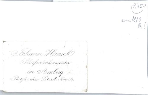 Amberg Visitenkarte Schieferdeckermeister Johann Hirsch