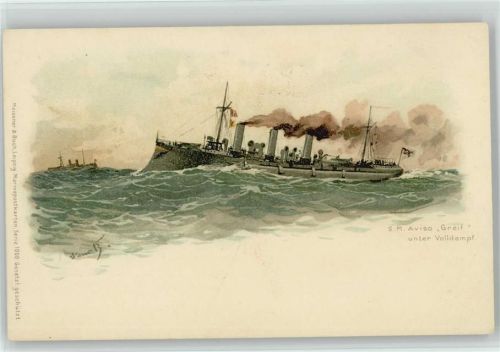 1900 Meissner & Buch Marine AK Serie 1000 S.M. Aviso "Greif" unter Volldampf Künstler sign Bohrdt