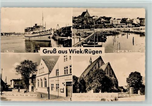Wiek im Hafen Dorfstraße mit Haus der Jugend Kirche am Küstermarkt Blick von der Kreidebrücke
