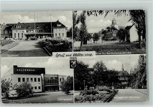 Ahlen Bahnhof Blick zur Bartholomäuskirche Hallenbad Anlagen am Bahnhof Wappen