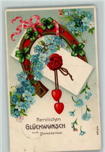 1913 Namenstag - Vergissmeinnicht, Herzen, Siegelbrief AK
