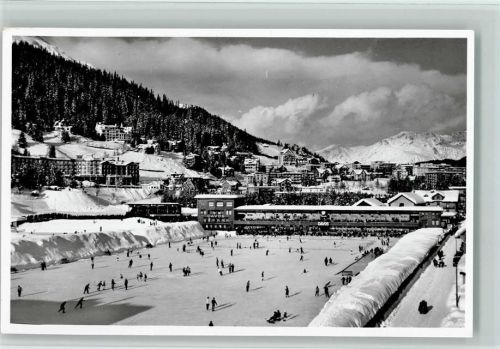 Davos Dorf mit Eisbahn gegen Rätikonkette Schlittschuh 1936