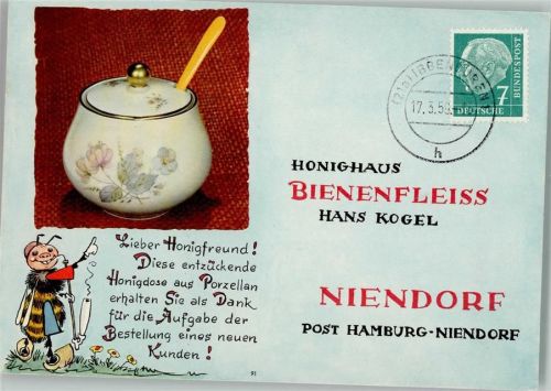 Hönighaus Bienenfleiss 1959 - Honigdose als Dank für eine Bestellung